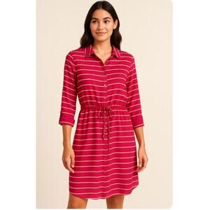 Collective Concepts Pink Striped Button Front Shirt Dress with Tie Waist M